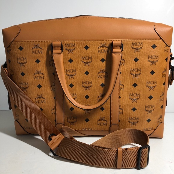 MCM cognac visetos leather computer laptop bag zippered monogramed tote - Picture 1 of 7